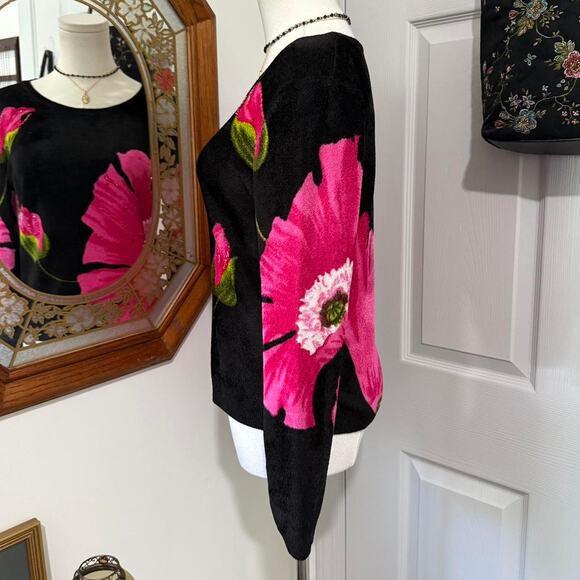 Y2K Elizabeth NY Black & Pink Floral Graphic Beaded Rhinestone Fuzzy Sweater M - Picture 4 of 8